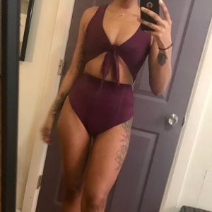 High Waisted Tie Front Cutout One Piece Swimsuit